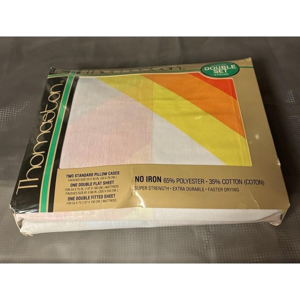Vintage NOS Thomaston Double Bed Sheet Set Retro Diagonal Rainbow Stripe USA